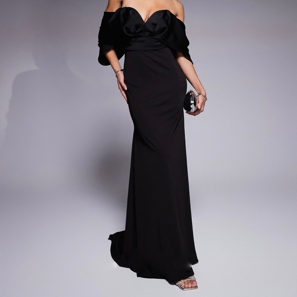 ASOS DESIGN premium sweetheart satin mix bandeau maxi dress with train in black